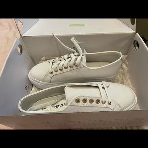 Brand new white leather and gold supergas size 8